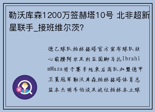 勒沃库森1200万签赫塔10号 北非超新星联手_接班维尔茨？